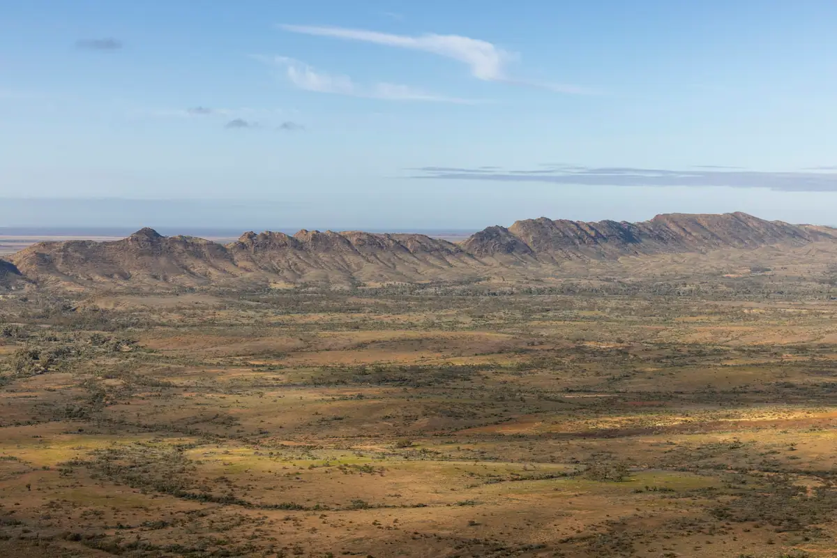Wide view across dry plains to the long escarpment of the Flinders Ranges