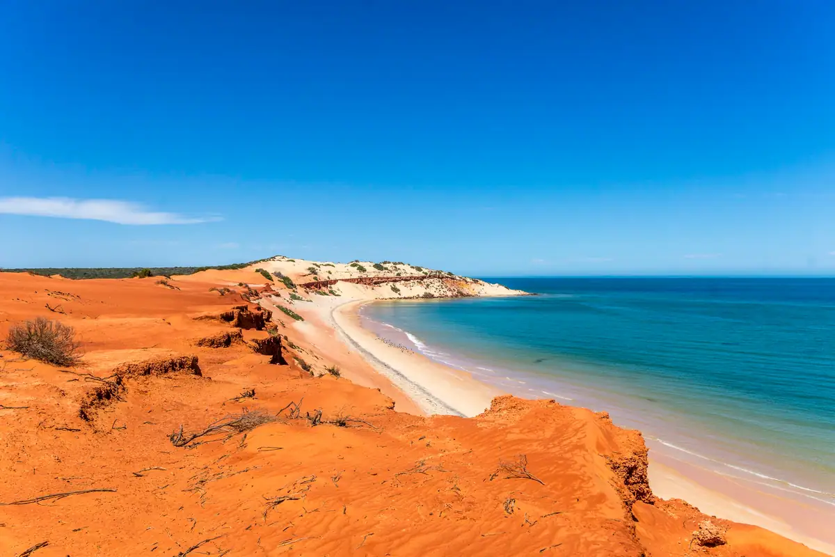 Red sandstone cliffs and white beach meeting blue water in Francois Peron National Park, Shark Bay