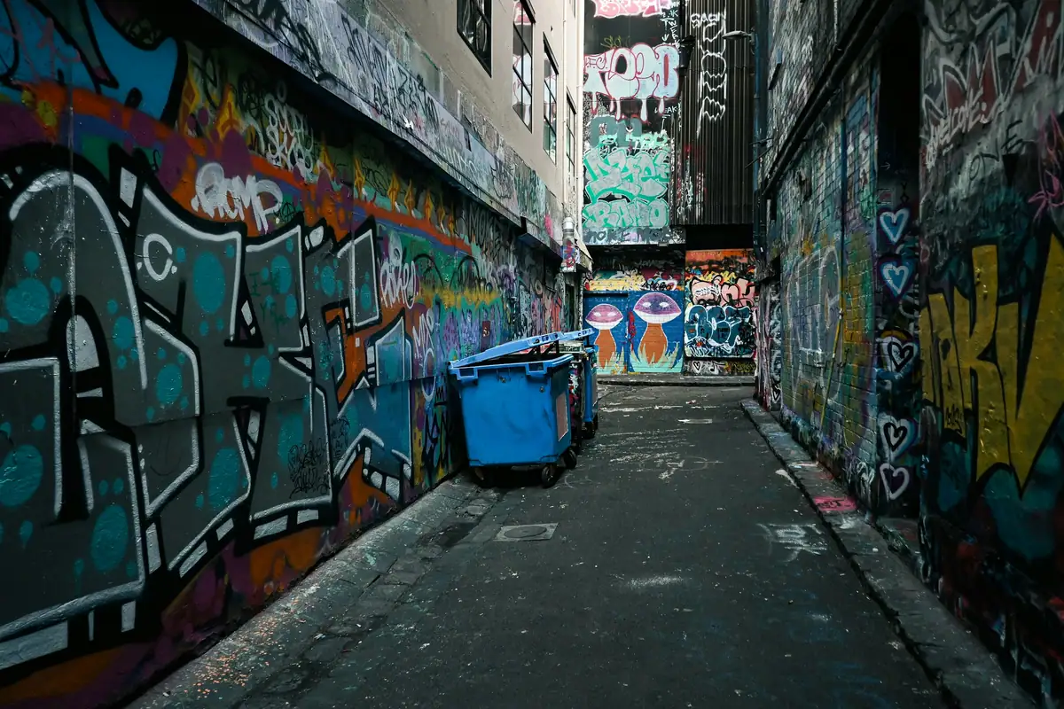 Hosier Lane in Melbourne, its walls covered floor to roof in colourful graffiti and street art